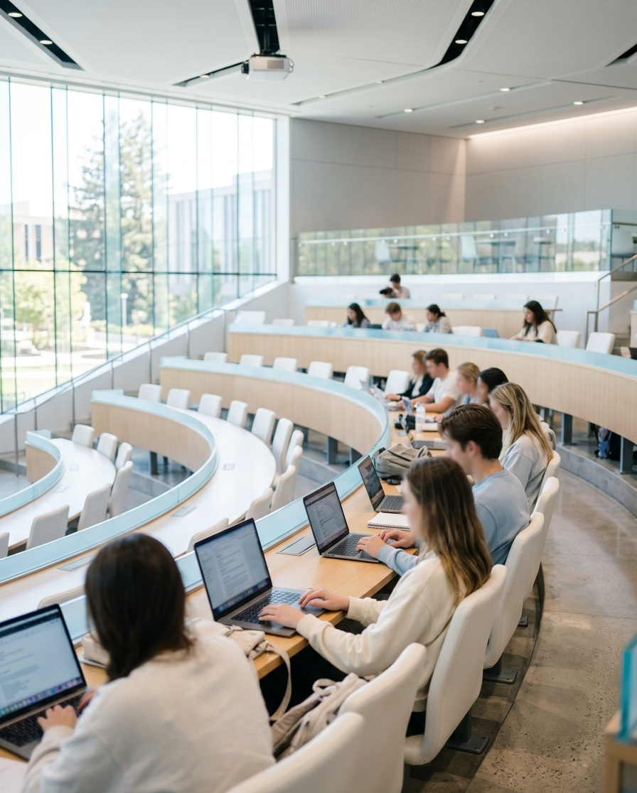 Students learning in a bright modern classroom