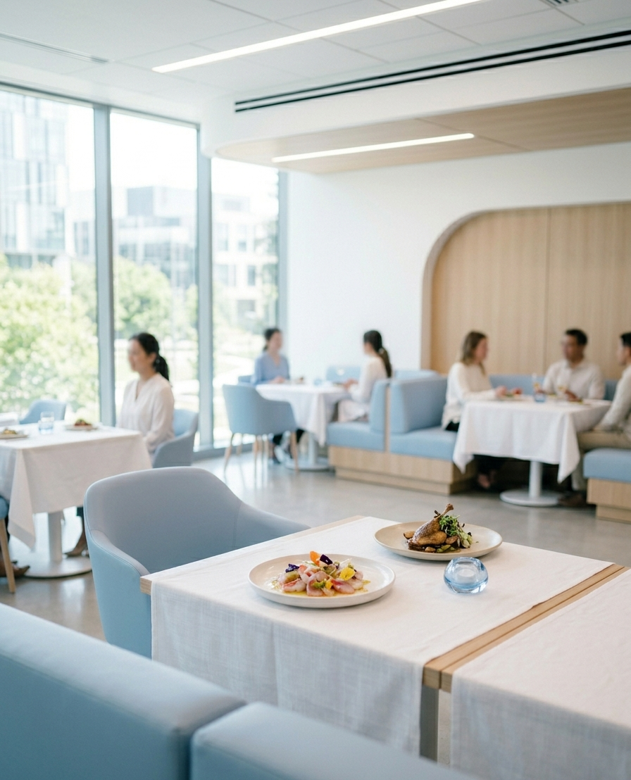 A warm restaurant and café interior with set tables